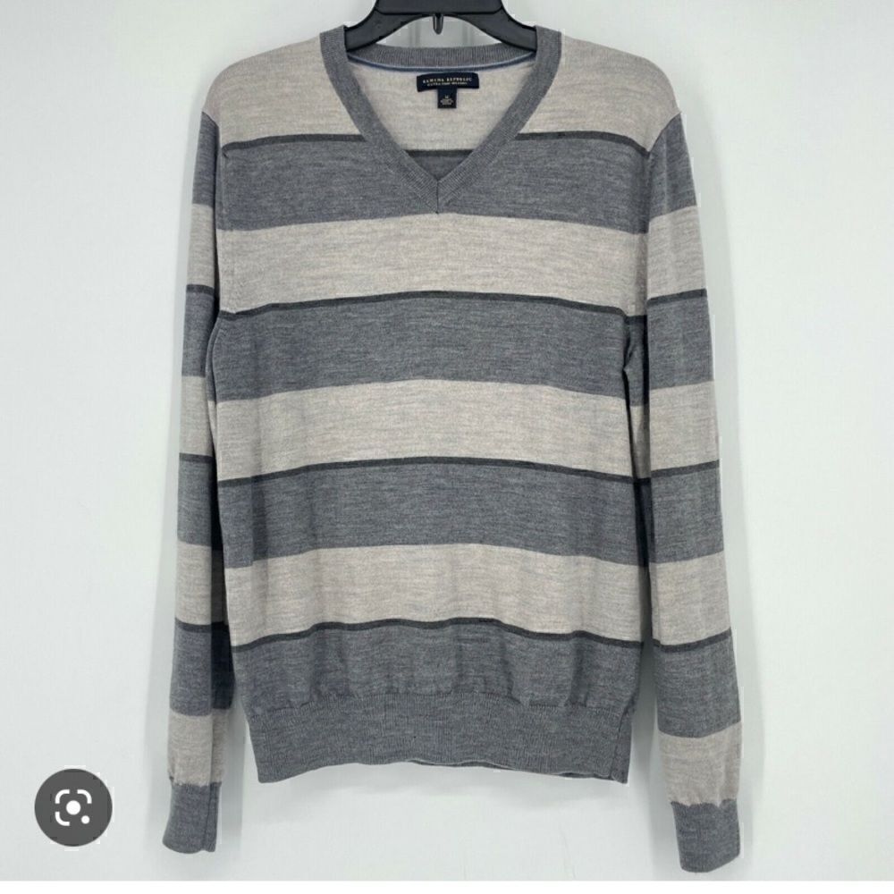 Sweater Merino Wool Banana Republic Men's‎ Large Tall Gray Striped v-neck